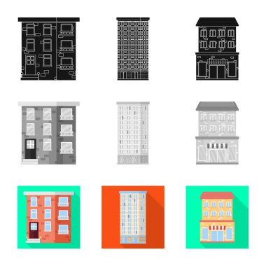 Belediye illüstrasyon vektör ve logo Merkezi. Web için belediye ve Emlak hisse senedi simgesi kümesi.