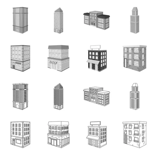 Diseño vectorial de construcción y letrero de edificio. Conjunto de construcción y stock de bienes símbolo para web . — Archivo Imágenes Vectoriales