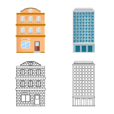 Belediye illüstrasyon vektör ve logo Merkezi. Web için belediye ve Emlak hisse senedi simgesi kümesi.