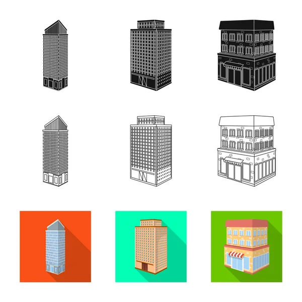 Illustrazione vettoriale della costruzione e del logo dell'edificio. Set di icone vettoriali di costruzione e proprietà per magazzino . — Vettoriale Stock