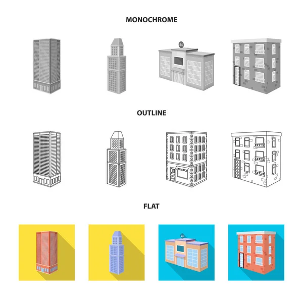 Illustrazione vettoriale della costruzione e del logo dell'edificio. Set di icone vettoriali di costruzione e proprietà per magazzino . — Vettoriale Stock