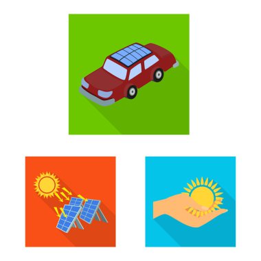 Güneş ve panel sembolü vektör tasarımı. Web için Güneş ve yeşil stok sembolü seti.