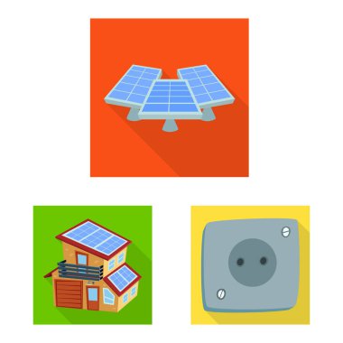 Güneş ve panel işareti izole nesne. Stok için Güneş ve yeşil vektör simgesi koleksiyonu.