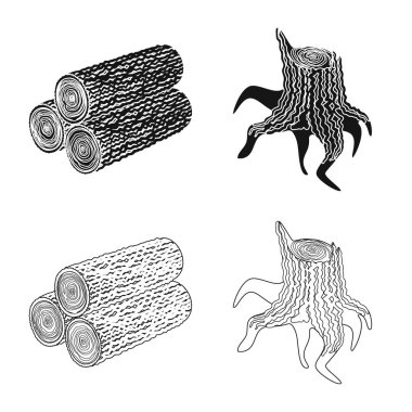 Ağaç ve ham işareti vektör çizimi. Ağaç ve inşaat hisse senedi vektör çizim seti.