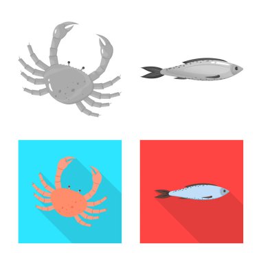 Vektör tasarımı taze ve restoran oturum açın. Hisse senedi için taze ve deniz vektör simge topluluğu.