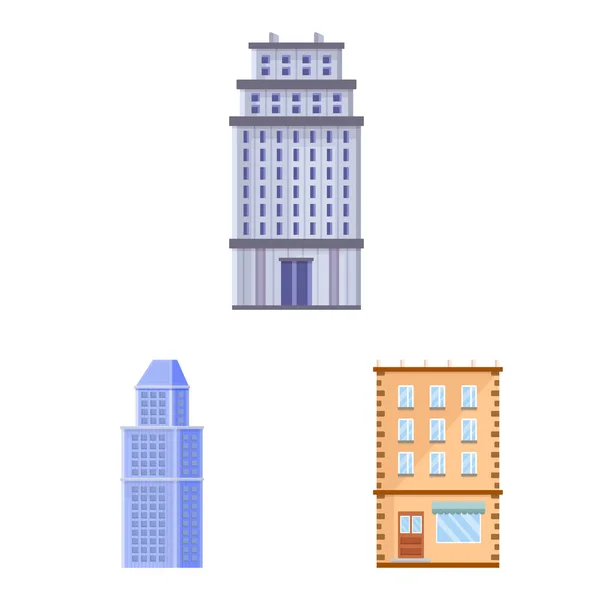 Vektorová ilustrace fasády a nápis budovy. Sada ikon fasády a vnějšího vektoru pro zásoby. — Stockový vektor