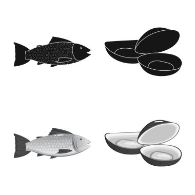 Taze yalıtılmış nesne ve restoran oturum açın. Taze ve deniz hisse senedi vektör çizim seti.