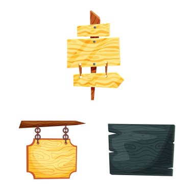 Tabela ve ahşap logo vektör tasarımı. Tabela ve hisse senedi için ahşap vektör simge kümesi.