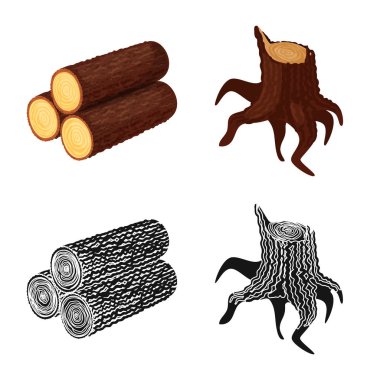 Ağaç ve ham işareti vektör tasarımı. Web için ağaç ve inşaat hisse senedi simgesi kümesi.