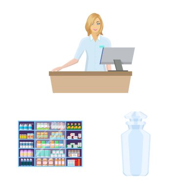 Eczane ve ilaç logo vektör çizimi. Web için eczane ve sağlık hisse senedi simgesi kümesi.