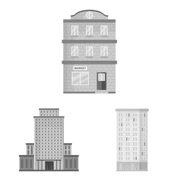 Ilustração vetorial de construção e sinalização da cidade. Conjunto de construção e ícone de vetor central para estoque . —  Vetores de Stock