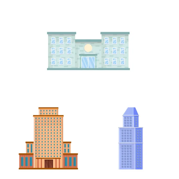 Diseño vectorial de fachada y logotipo del edificio. Conjunto de fachada e icono de vector exterior para stock . — Vector de stock