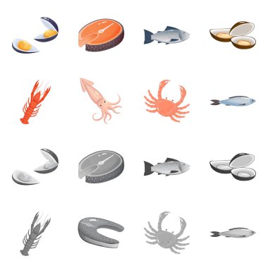 Taze ve restoran logo vektör tasarımı. Hisse senedi için taze ve deniz vektör simge kümesi.