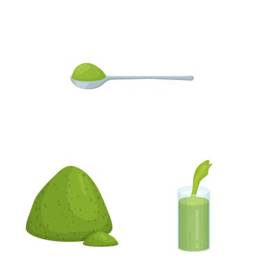 Spirulina ve yosun sembolü izole nesne. Stok için spirulina ve vegan vektör simgesi seti.
