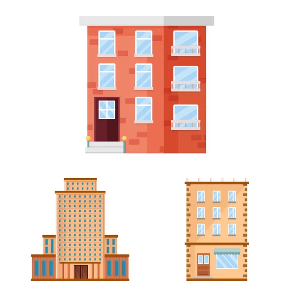 Diseño vectorial de fachada y letrero de edificio. Conjunto de fachada y símbolo de stock exterior para web . — Archivo Imágenes Vectoriales