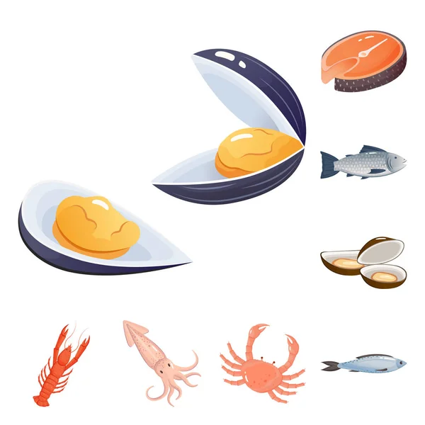 Projeto vetorial de comida e logotipo do mar. Conjunto de alimentos e ícone vetor saudável para estoque . —  Vetores de Stock