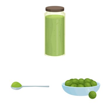 Spirulina ve yosun işareti izole nesne. Web için spirulina ve vegan stok sembolü koleksiyonu.