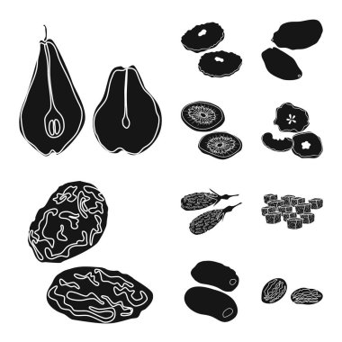 Vitamin ve doğa logosu vektör tasarımı. Stok için vitamin ve kurutulmuş vektör simgesi seti.