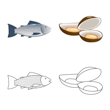 Taze ve restoran logo vektör tasarımı. Hisse senedi için taze ve deniz vektör simge kümesi.