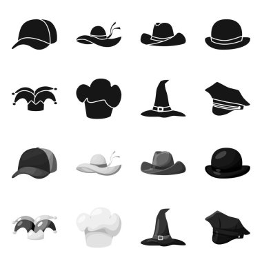 Giyim ve kap logosu yalıtılmış nesne. Giyim ve hisse senedi için bere vektör simge kümesi.