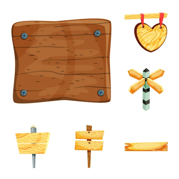 看板と木製のロゴの孤立したオブジェクト。ウェブ用看板と木製ストックシンボルのコレクション. — ストックベクタ