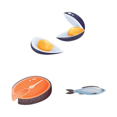 Gıda ve deniz logosu yalıtılmış nesne. Gıda ve hisse senedi için sağlıklı vektör simge kümesi.