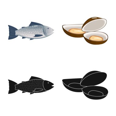 Taze ve Restoran simge vektör tasarımı. Hisse senedi için taze ve deniz vektör simge kümesi.