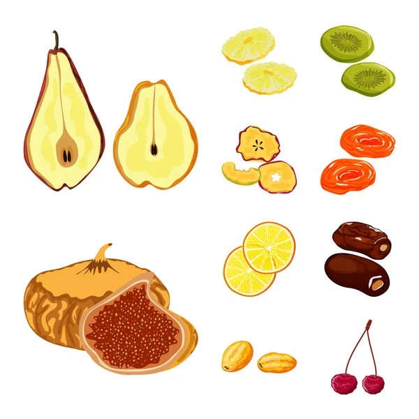 Diseño vectorial de fruta y signo seco. Colección de frutas y alimentos vector ilustración . — Vector de stock