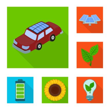 Güneş ve panel sembolünün vektör tasarımı. Ağ için güneş ve yeşil stok sembolü koleksiyonu.