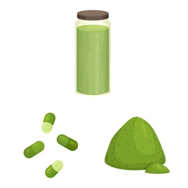 Spirulina ve yosun simgesiizole nesne. Spirulina ve vegan stok vektör illüstrasyon seti.