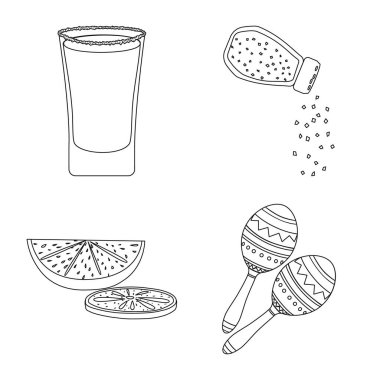 Meksika ve tekila logo yalıtılmış nesne. Meksika ve fiesta hisse senedi vektör çizim seti.