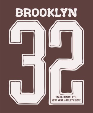 Brooklyn 32 New York tipografi sloganı. Okul takımının atletik tişörtü. Nyc tişört grafikleri, şehir baskısı. Vektör illüstrasyonu.