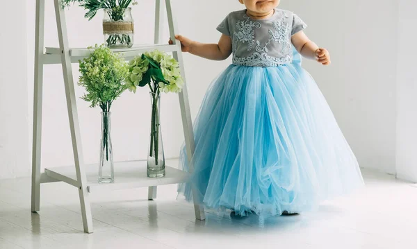 Dziewczynka w niebieskiej sukni księżniczki. Urodziny są za rok. dziecko uczy się chodzić. studio sesja zdjęciowa — Zdjęcie stockowe