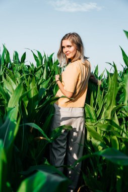 Sarı tişörtlü, mısır tarlasında kısa saçlı genç bir kadın.