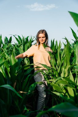 Sarı tişörtlü, mısır tarlasında kısa saçlı genç bir kadın.
