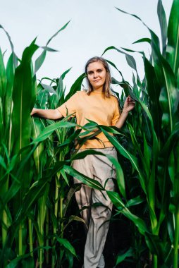 Sarı tişörtlü, mısır tarlasında kısa saçlı genç bir kadın.