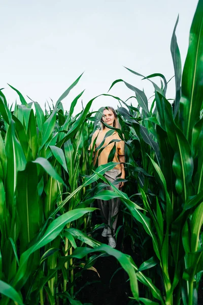Jonge vrouw in een maïsveld in een geel t-shirt met een plaats onder de tekst met kort haar — Stockfoto