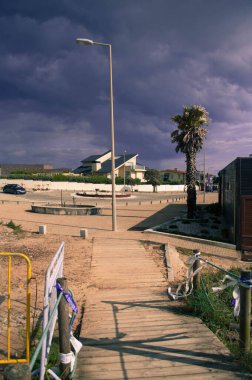 Koyu mavi fırtına bulutları, fırtınadan önce. Okyanus kıyısındaki yerleşim yeri, iki palmiye. 