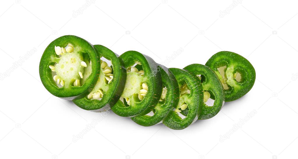 Sliced of jalapeno peppers isolated on white background. Top view