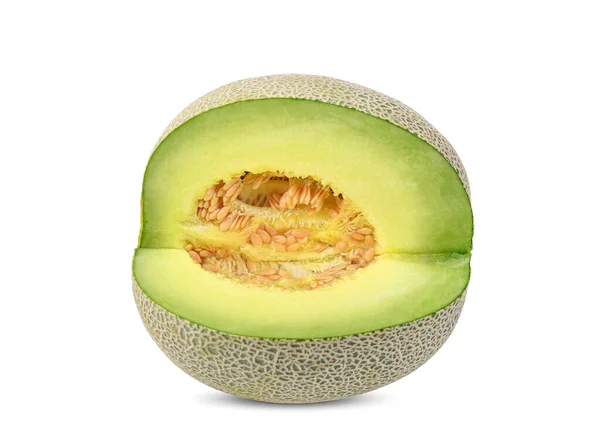 Die Hälfte Der Cantaloupe Melone Mit Samen Auf Weißem Hintergrund — Stockfoto
