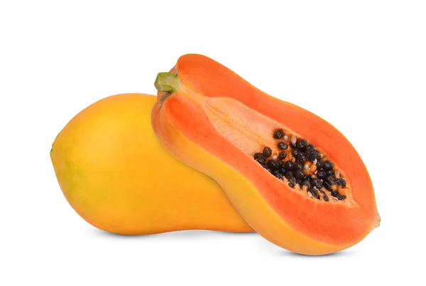 Teljes Félig Érett Papaya Izolált Fehér Alapon — Stock Fotó