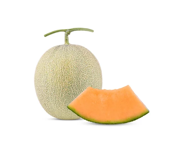 Ganzen Und Scheiben Cantaloupe Melone Isoliert Auf Weißem Hintergrund — Stockfoto