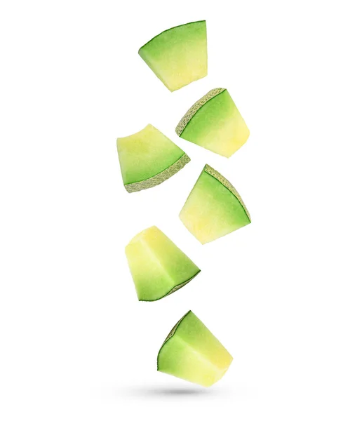 Fallende Scheiben Cantaloupe Melone Isoliert Auf Weißem Hintergrund — Stockfoto