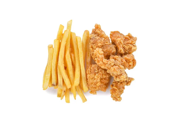 Fried Popcorn Chicken French Fries Isolated White Background Top View — Stock Photo, Image