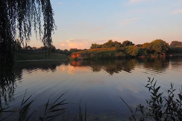 Paisaje Verano Rosa Naranja Puesta Sol Sobre Río Tranquilo Árboles — Foto de Stock