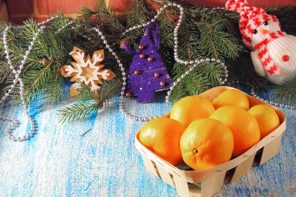 Sfondo Pietra Natale Con Abete Bianco Mandarini Vista Dall Alto — Foto Stock