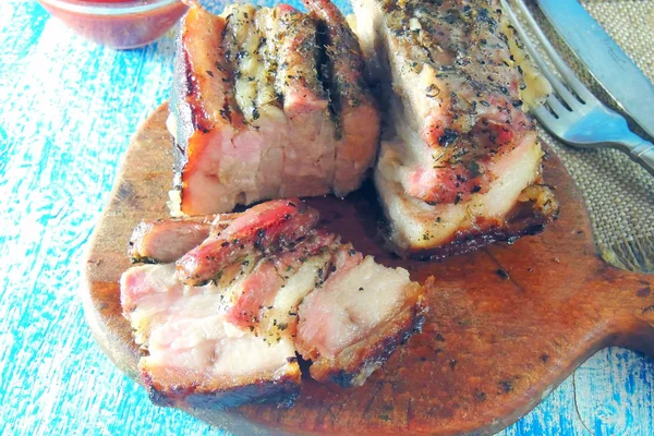 Baked Pork Belly Garlic Spices Hot Chili Peppers Rustic Style — Stock Photo, Image