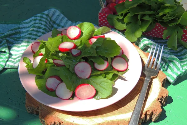 Салат с аругулой, редиской и помидорами — стоковое фото