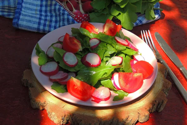 Салат с аругулой, редиской и помидорами — стоковое фото