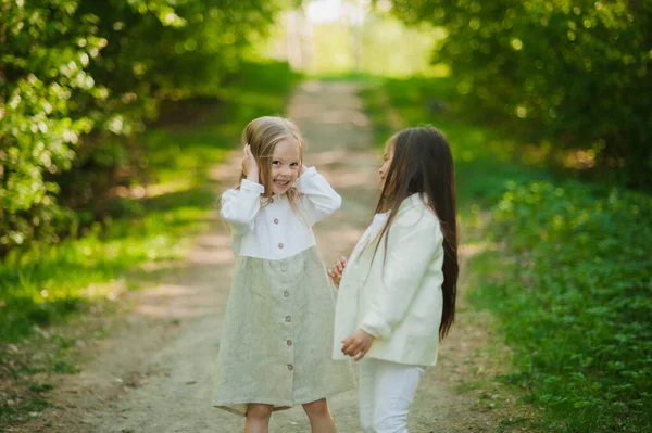 Küçük kızlar parkta eğleniyor. Yazın iki küçük kız parkta oynuyor. Arkadaşlık..
